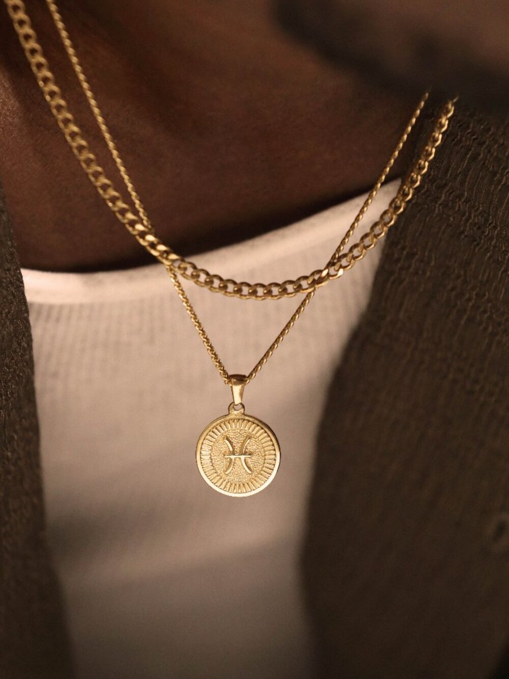 Men's Gold Pisces Pendant Necklace Set